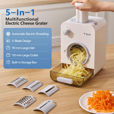 Electric Cheese Grater - 5 Blades, 5-in-1 Veggie Chopper, 110mm