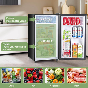 3.2 Cu.Ft Mini Fridge with Freezer - Quiet Single Door for Dorm & Office