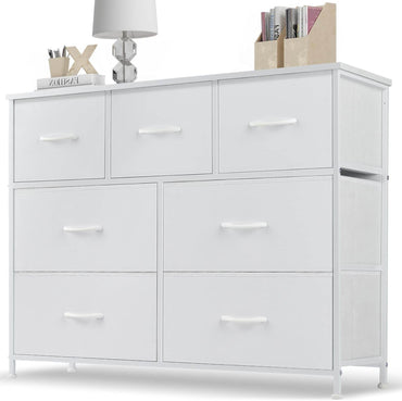 Dresser for Bedroom with 7 Fabric Drawer, Metal Frame, Wood Top