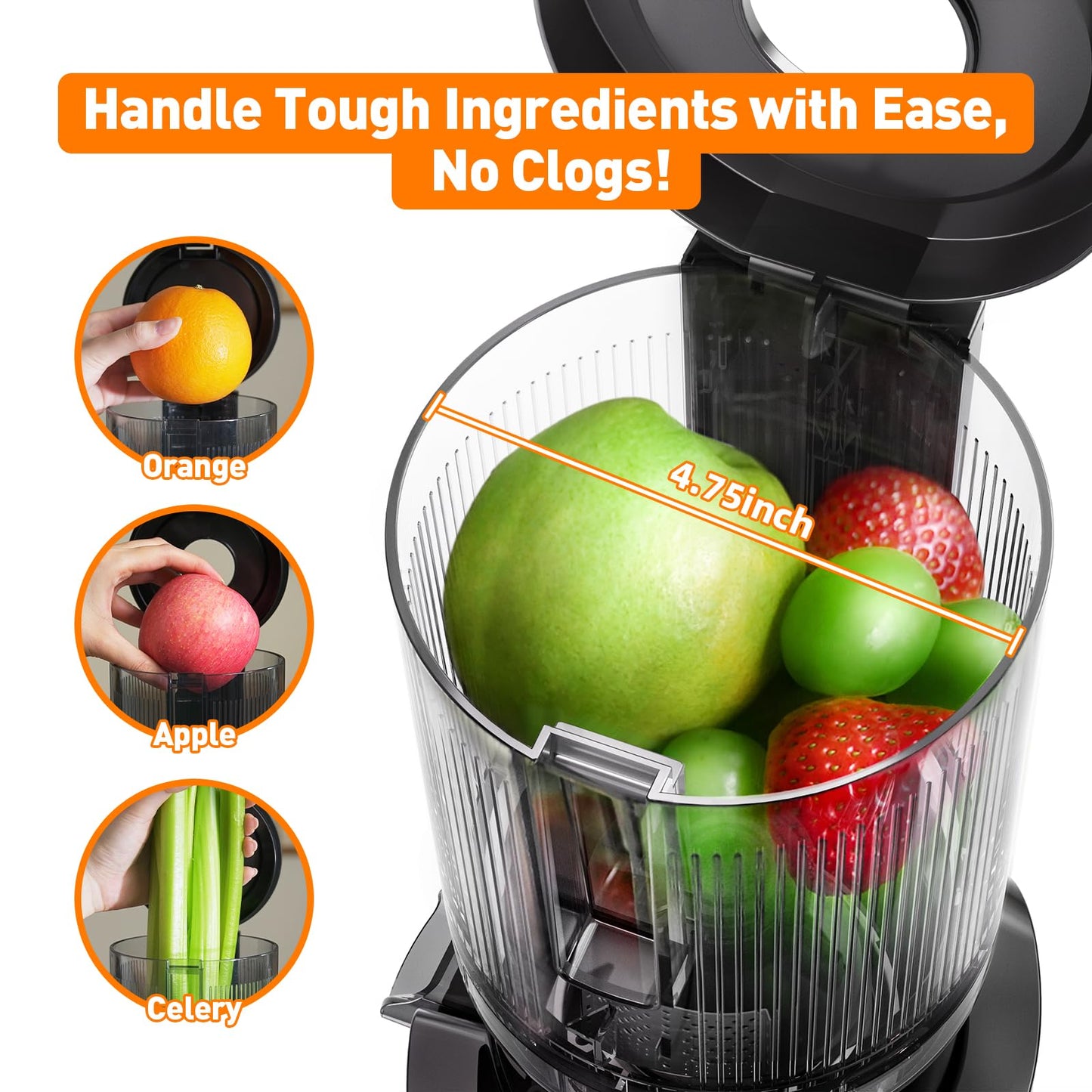 Slow Masticating Juicer - 4.8″ Wide Chute for Whole Fruits & Veggies