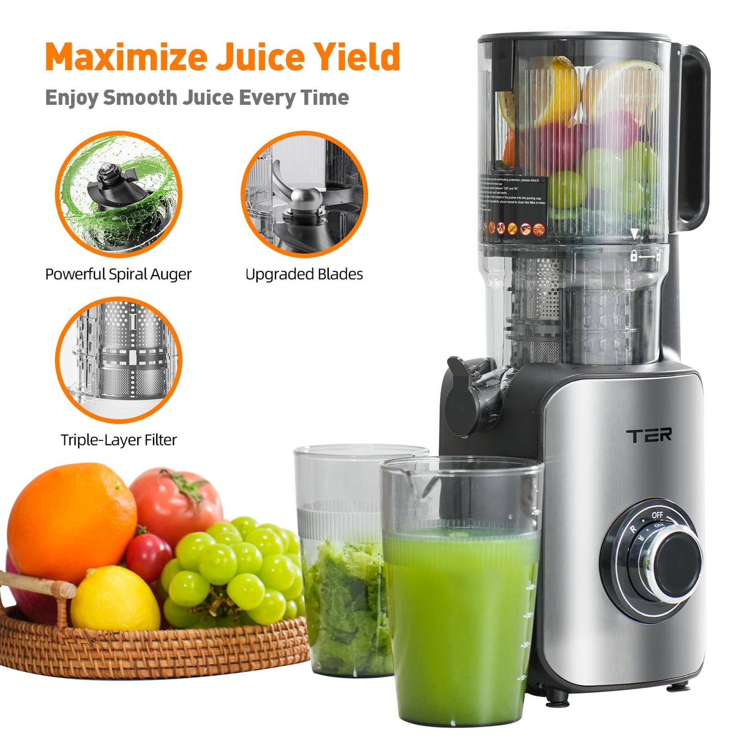 Slow Masticating Juicer - 4.8″ Wide Chute for Whole Fruits & Veggies