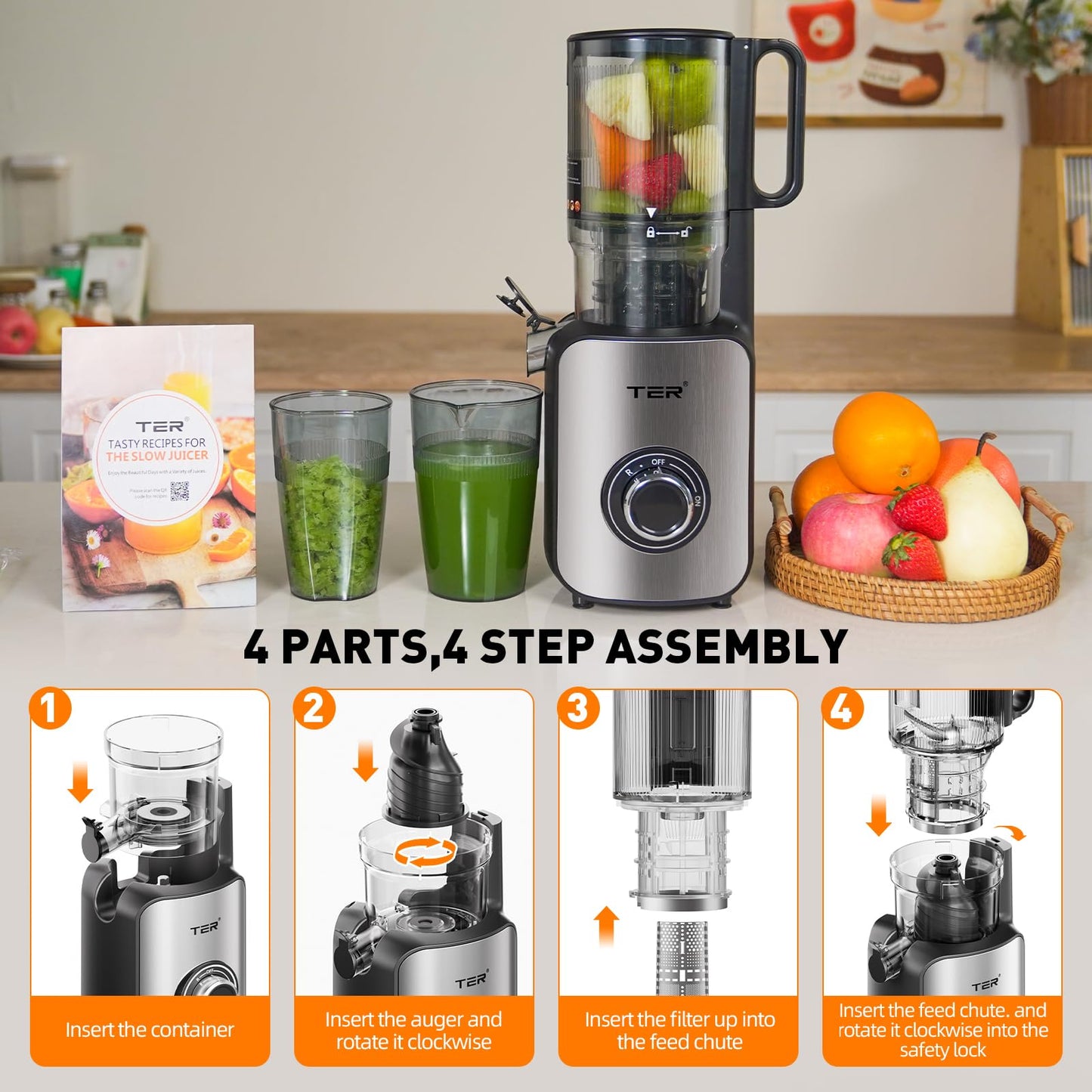 Slow Masticating Juicer - 4.8″ Wide Chute for Whole Fruits & Veggies