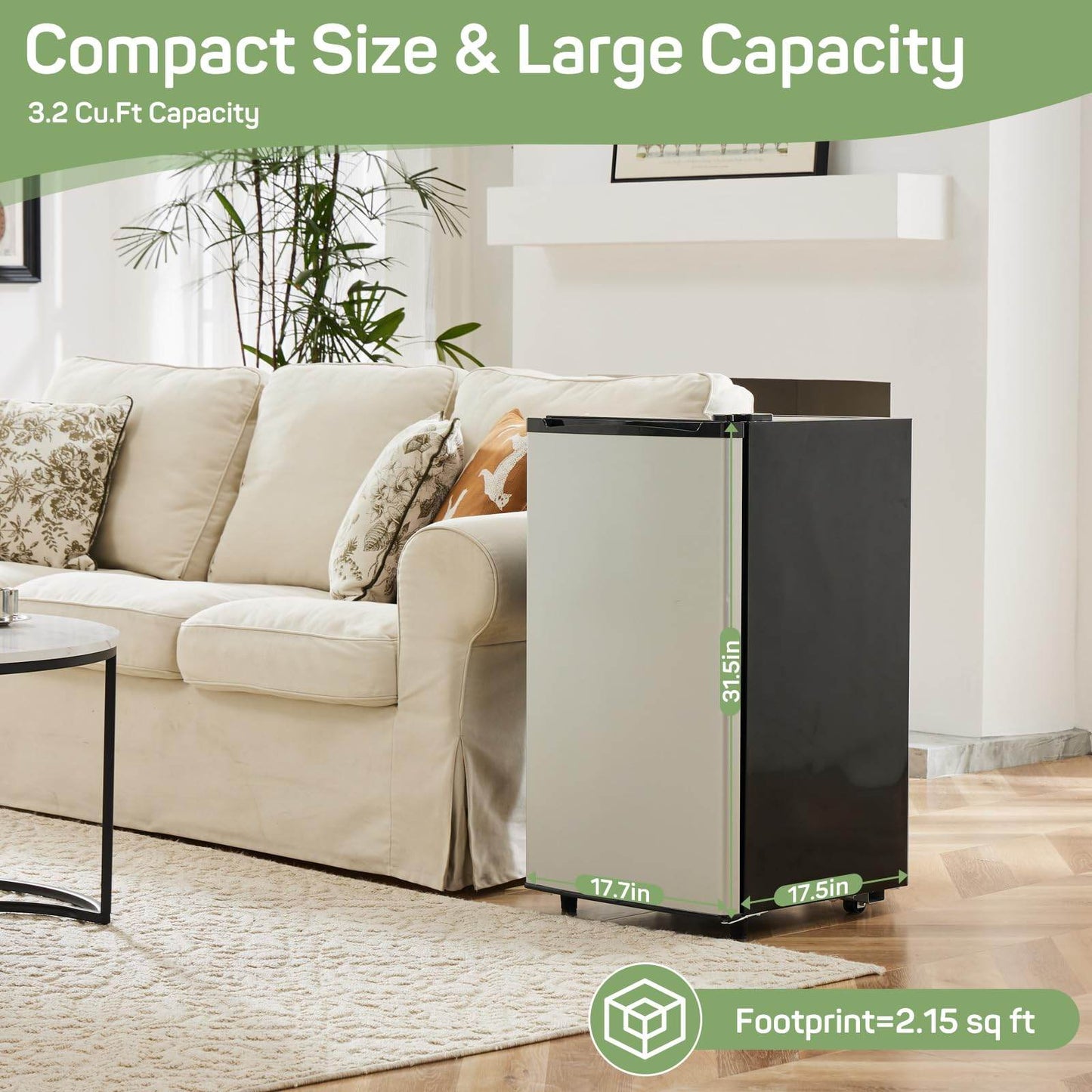 3.2 Cu.Ft Mini Fridge with Freezer - Quiet Single Door for Dorm & Office