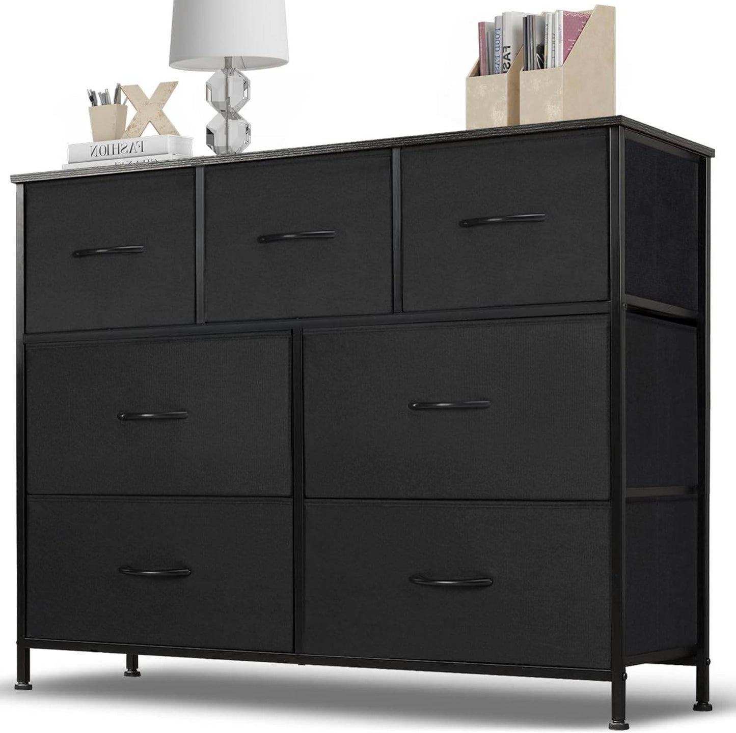 Dresser for Bedroom with 7 Fabric Drawer, Metal Frame, Wood Top