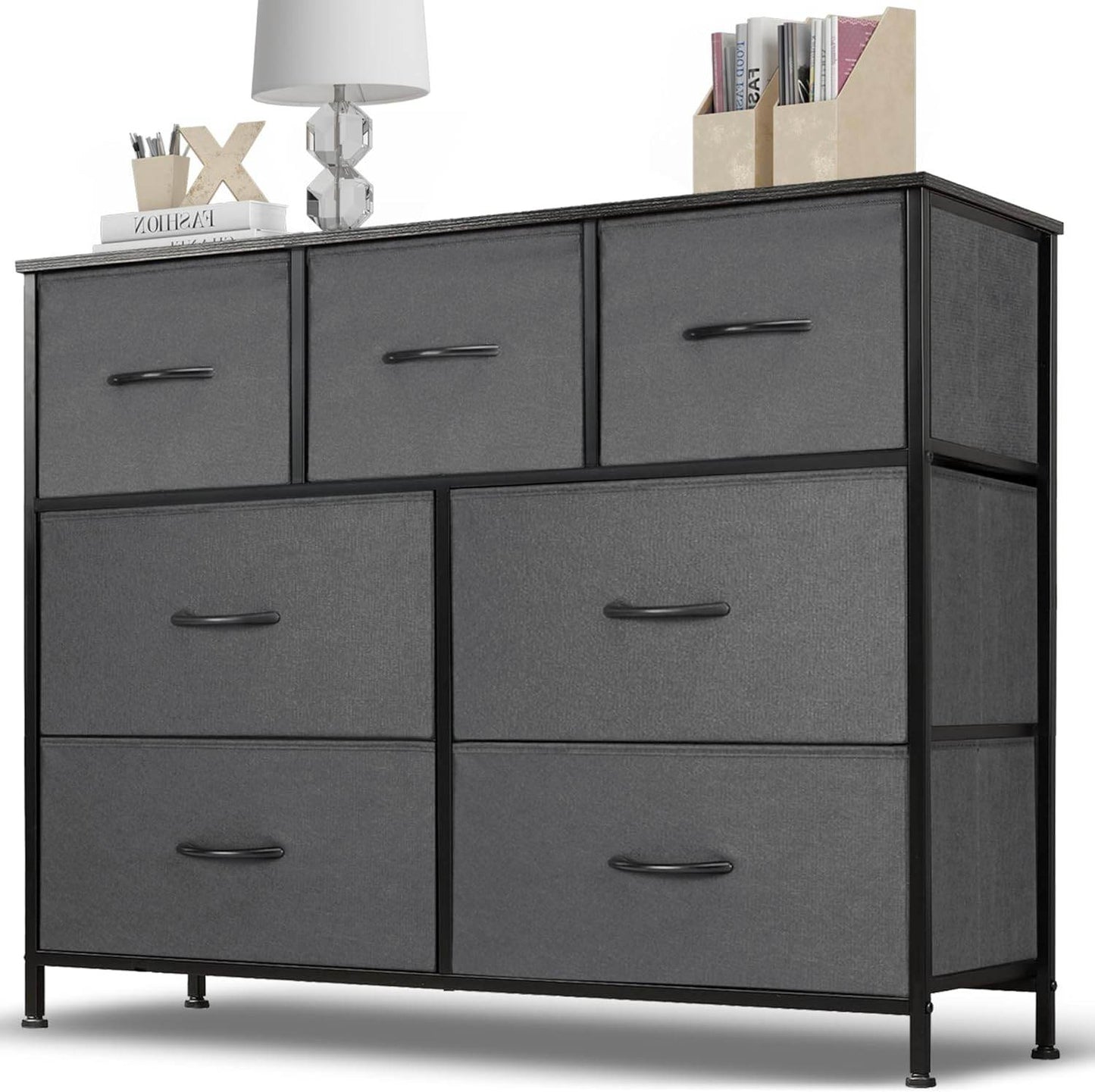 Dresser for Bedroom with 7 Fabric Drawer, Metal Frame, Wood Top
