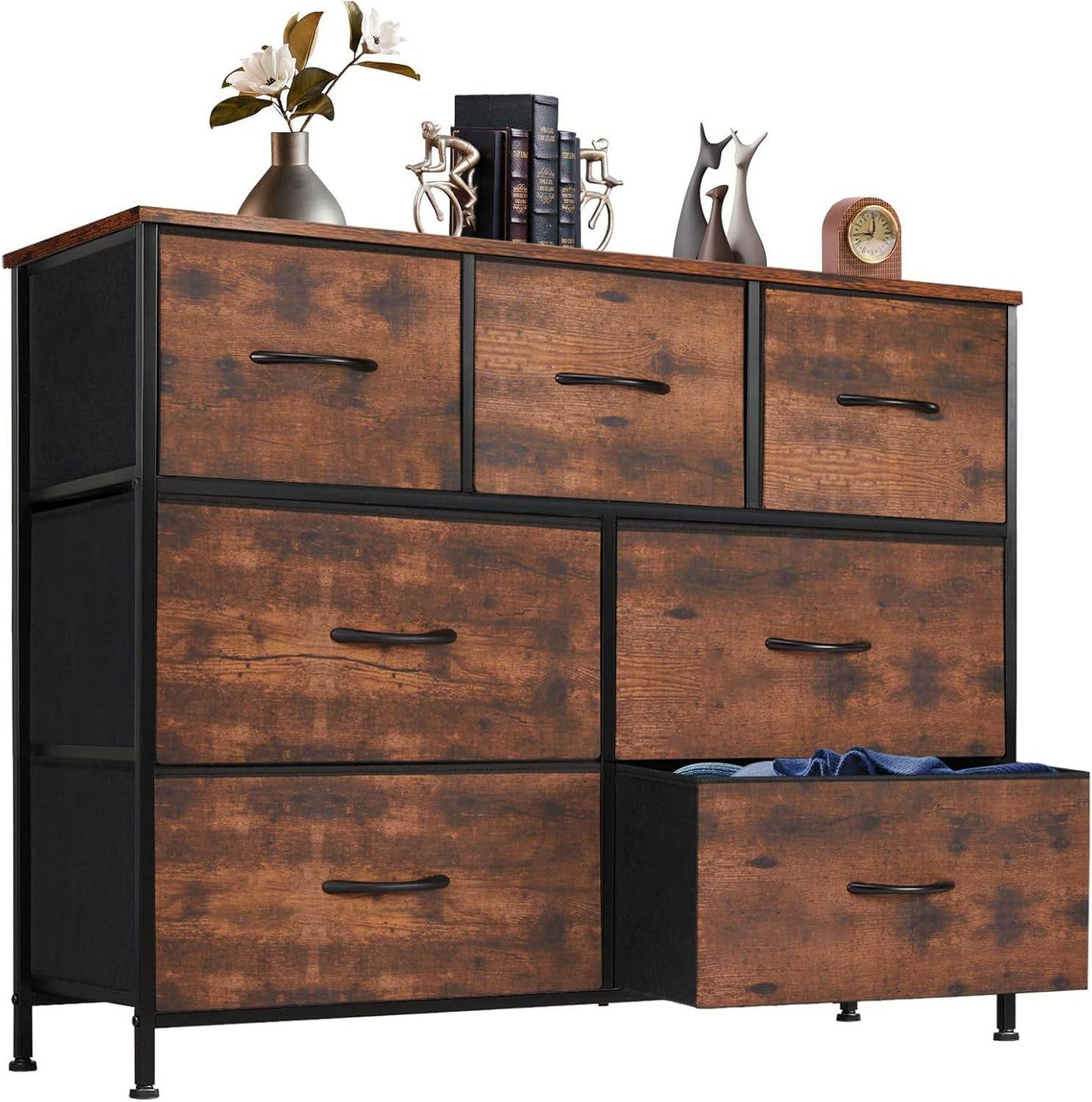 Dresser for Bedroom with 7 Fabric Drawer, Metal Frame, Wood Top