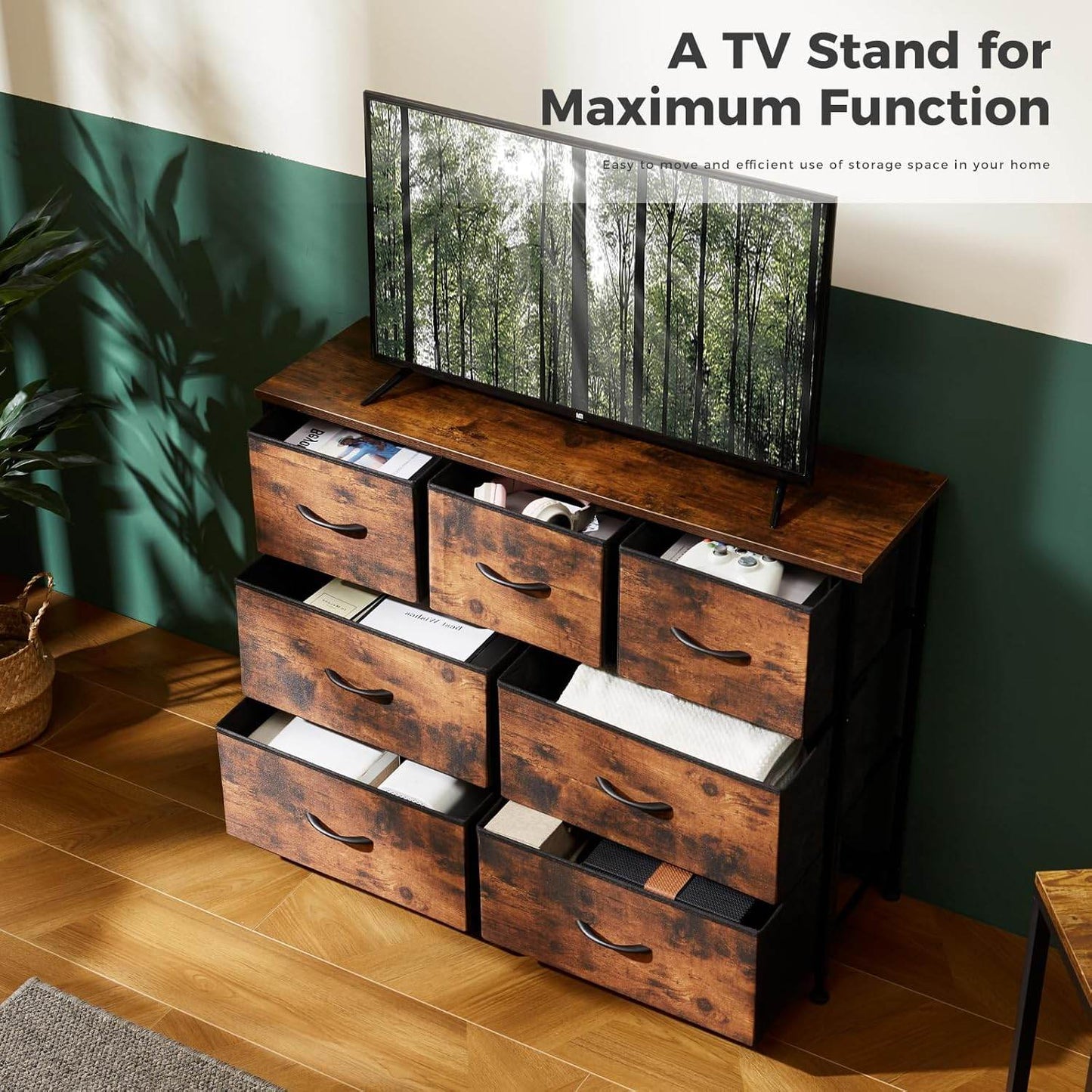 Dresser for Bedroom with 7 Fabric Drawer, Metal Frame, Wood Top