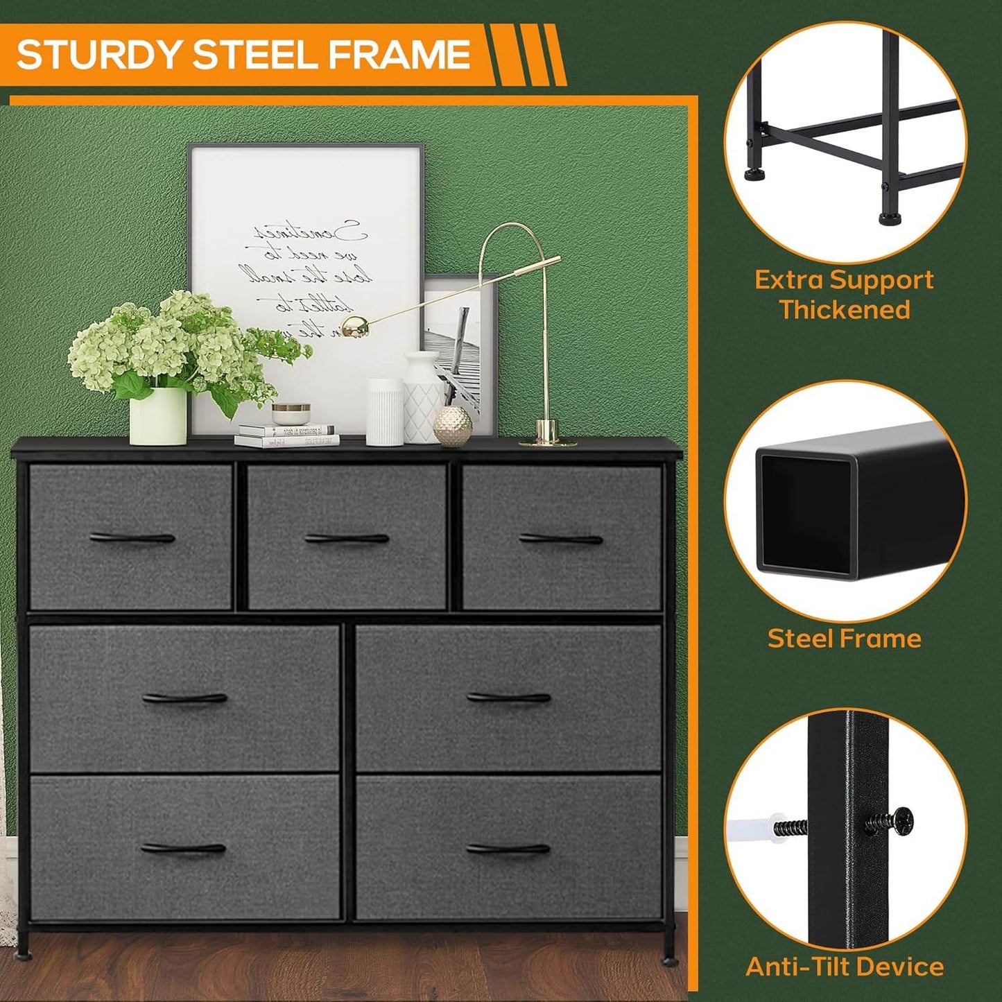 Dresser for Bedroom with 7 Fabric Drawer, Metal Frame, Wood Top
