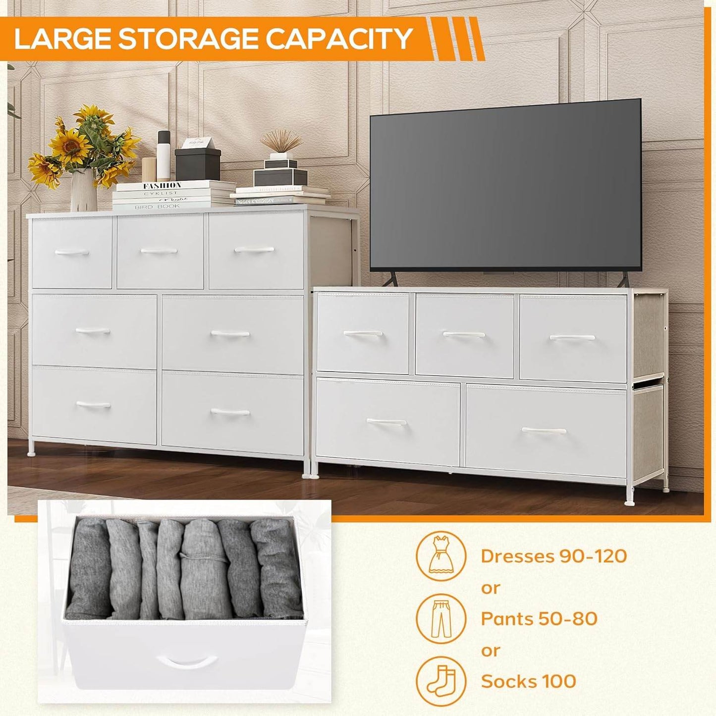 Dresser for Bedroom with 7 Fabric Drawer, Metal Frame, Wood Top
