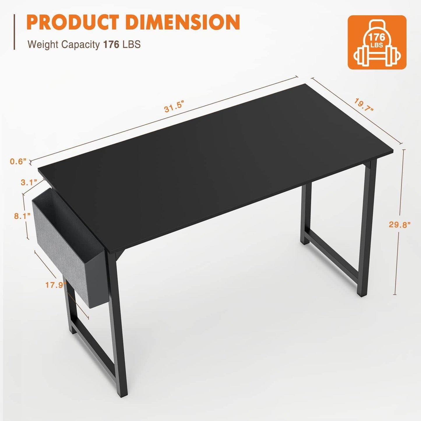 Writing Desk with Storage Bag & Hook, Modern Style Computer Home Office Desk