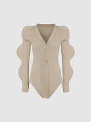 Wave Sleeve V-Neck Knitted Cardigan