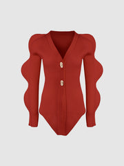 Wave Sleeve V-Neck Knitted Cardigan